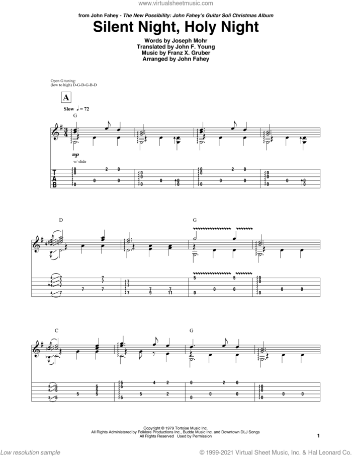 Silent Night, Holy Night sheet music for guitar (tablature) by John Fahey, Franz X. Gruber, John F. Young and Joseph Mohr, intermediate skill level