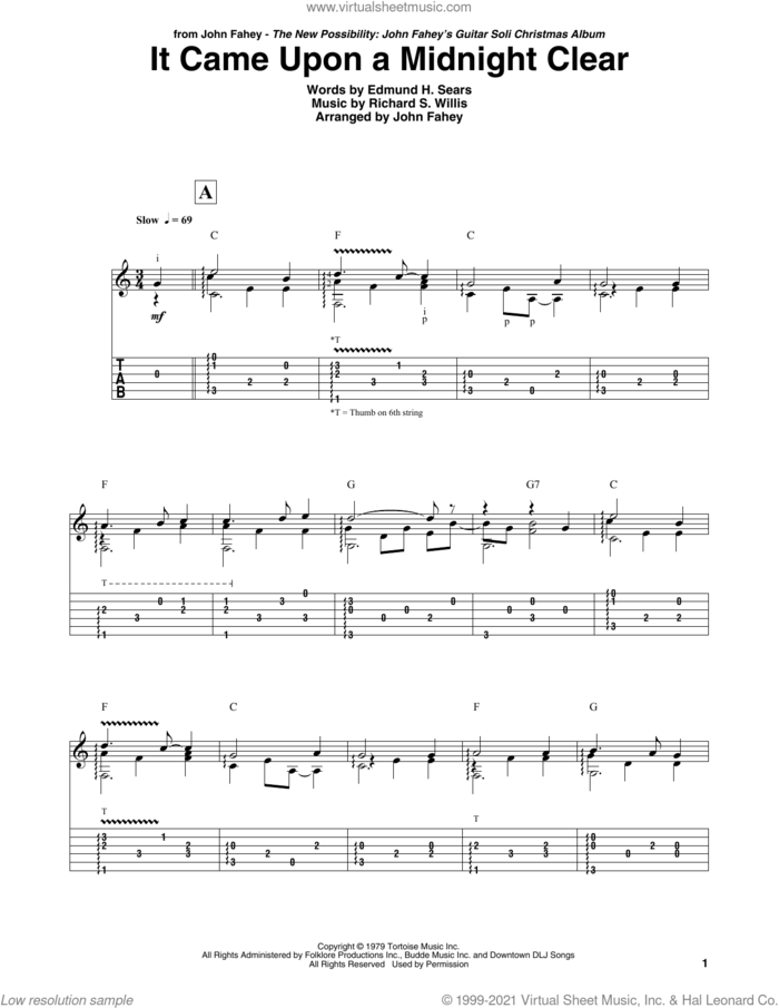 It Came Upon A Midnight Clear sheet music for guitar (tablature) by John Fahey, Edmund Hamilton Sears and Richard Storrs Willis, intermediate skill level