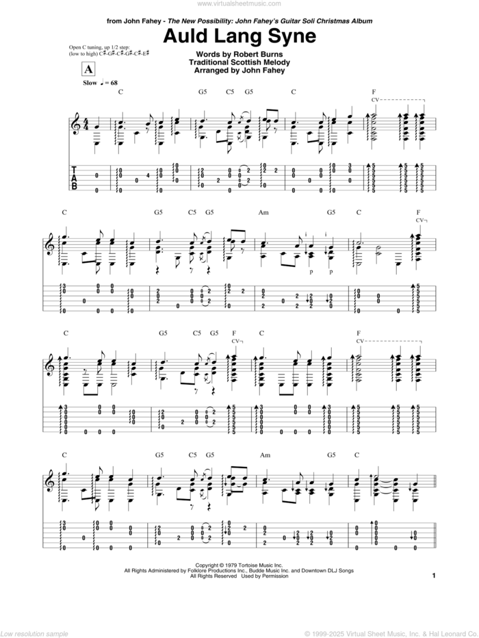 Auld Lang Syne sheet music for guitar (tablature) by John Fahey, Robert Burns and Traditional Scottish Melody, intermediate skill level