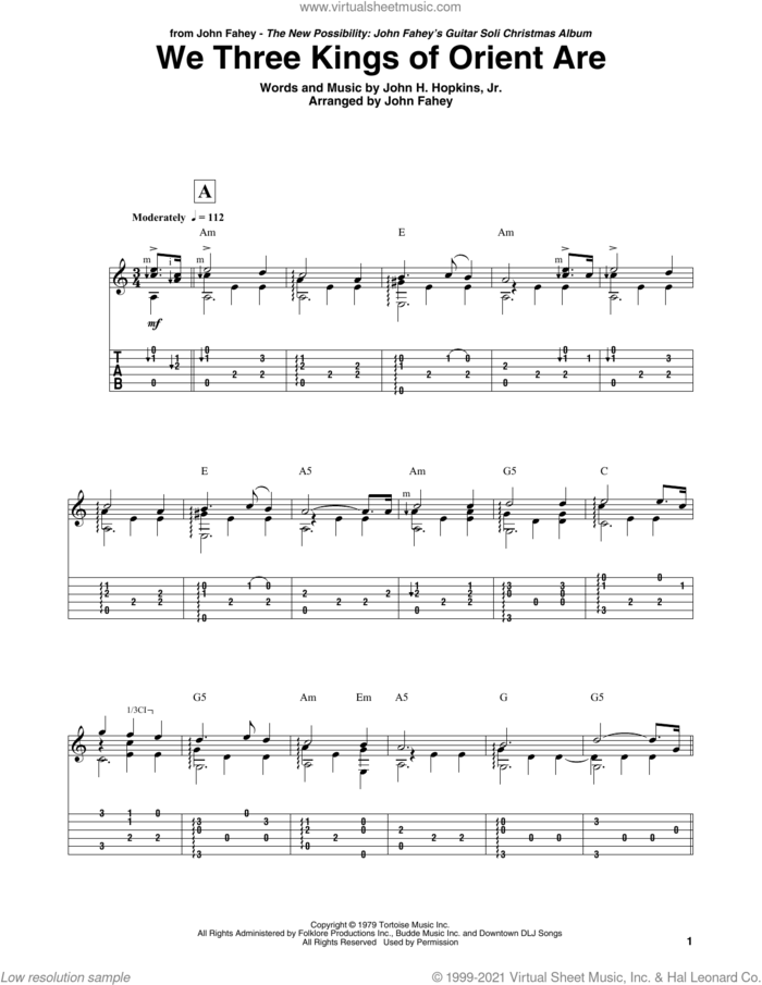 We Three Kings Of Orient Are sheet music for guitar (tablature) by John Fahey and John H. Hopkins, Jr., intermediate skill level