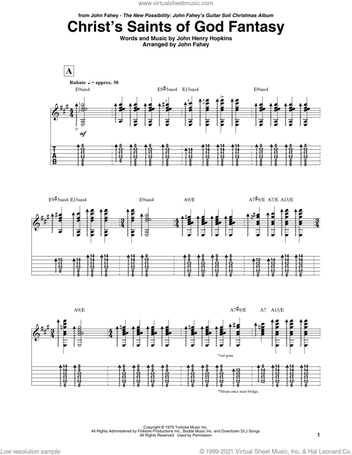 Christ's Saints Of God Fantasy sheet music for guitar (tablature) by John Fahey and John H. Hopkins, intermediate skill level