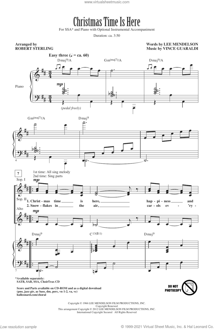 Christmas Time Is Here (arr. Robert Sterling) sheet music for choir (SSA: soprano, alto) by Vince Guaraldi, Robert Sterling and Lee Mendelson, intermediate skill level