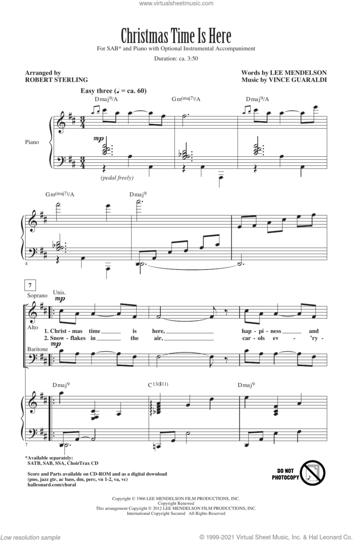Christmas Time Is Here (arr. Robert Sterling) sheet music for choir (SAB: soprano, alto, bass) by Vince Guaraldi, Robert Sterling and Lee Mendelson, intermediate skill level