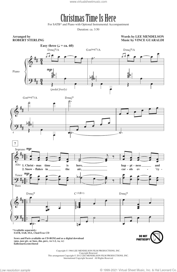 Christmas Time Is Here (arr. Robert Sterling) sheet music for choir (SATB: soprano, alto, tenor, bass) by Vince Guaraldi, Robert Sterling and Lee Mendelson, intermediate skill level