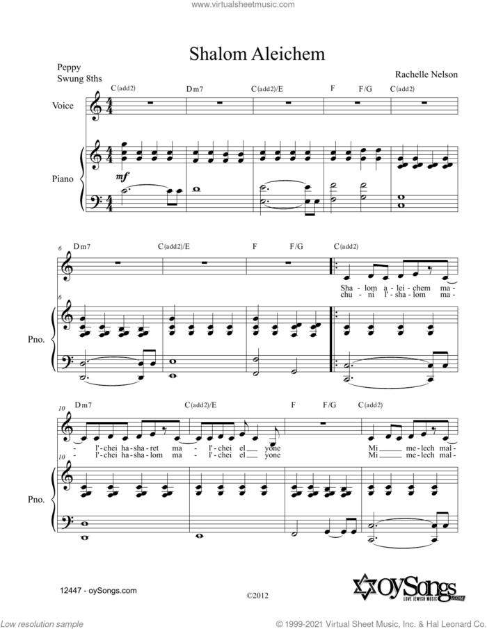 Shalom Aleichem sheet music for voice and piano by Rachelle Nelson, intermediate skill level