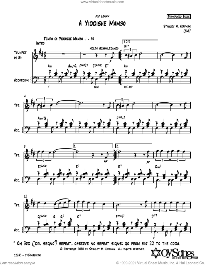 A Yiddishe Mambo sheet music for instrumental duet (duets) by Stanley F. Hoffman, intermediate skill level