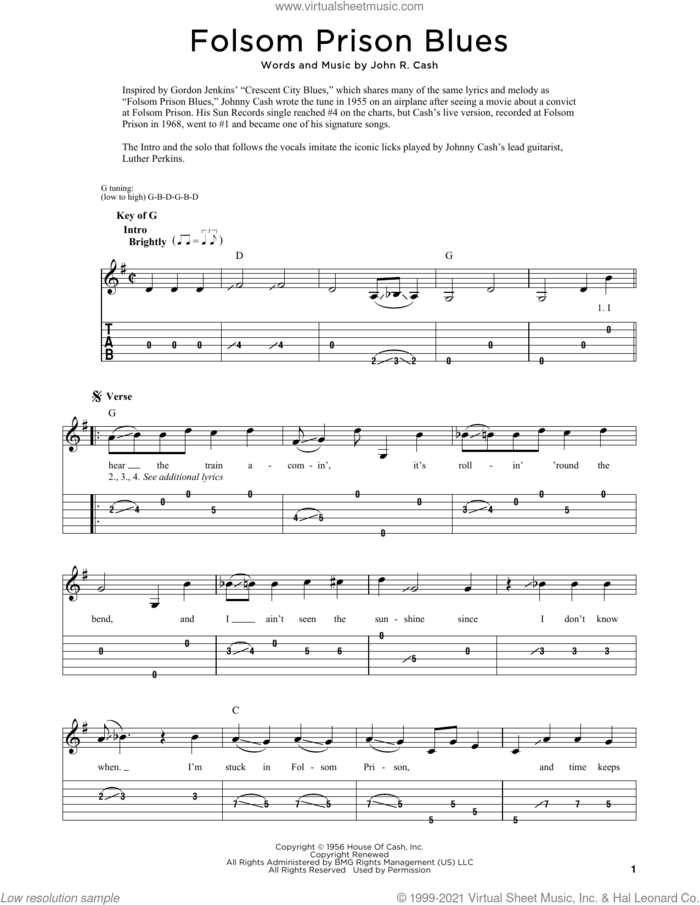 Folsom Prison Blues sheet music for dobro solo by Johnny Cash and Fred Sokolow, easy skill level
