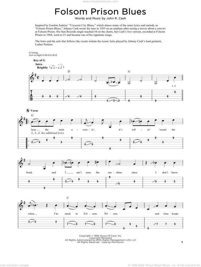 Folsom Prison Blues sheet music for dobro solo by Johnny Cash and Fred Sokolow, easy skill level