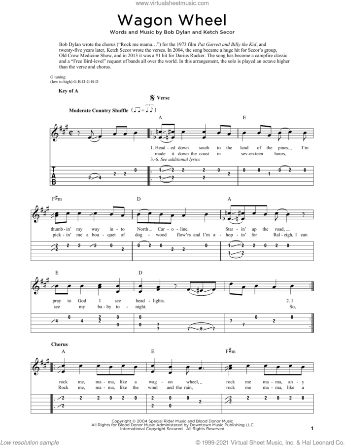 Wagon Wheel sheet music for dobro solo by Old Crow Medicine Show, Fred Sokolow, Bob Dylan and Ketch Secor, easy skill level