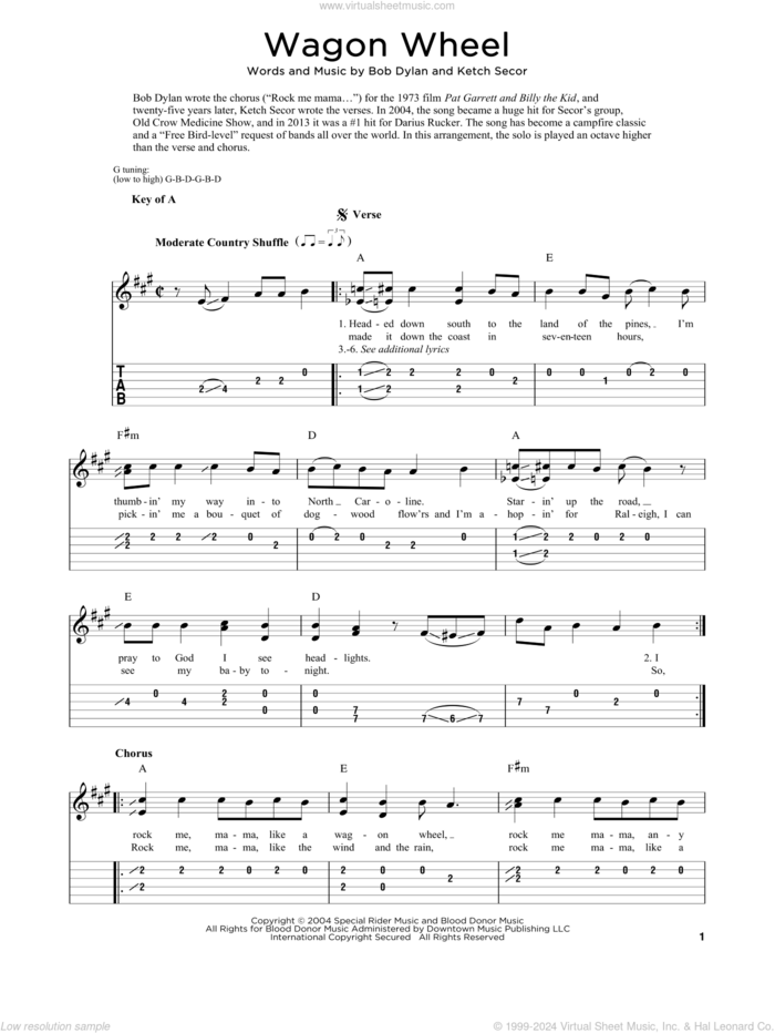 Wagon Wheel sheet music for dobro solo by Old Crow Medicine Show, Fred Sokolow, Bob Dylan and Ketch Secor, easy skill level