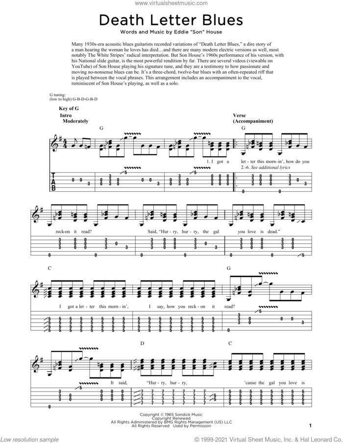 Death Letter Blues sheet music for dobro solo by Son House, Fred Sokolow and Eddie 'Son' House, easy skill level