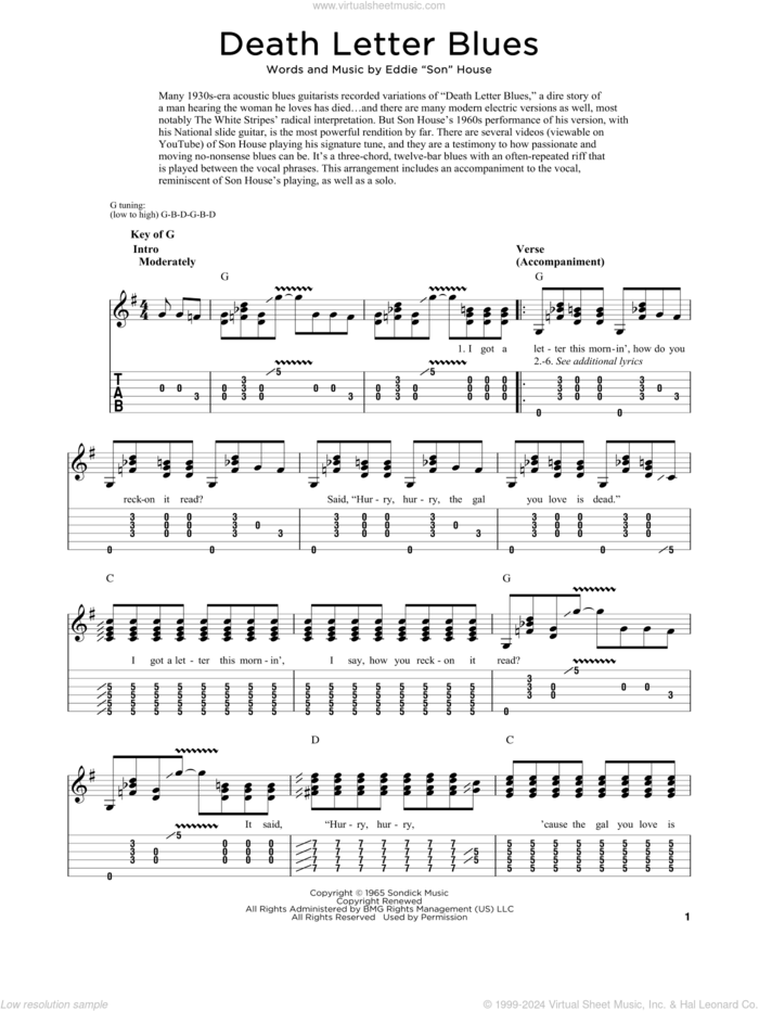 Death Letter Blues sheet music for dobro solo by Son House, Fred Sokolow and Eddie 'Son' House, easy skill level