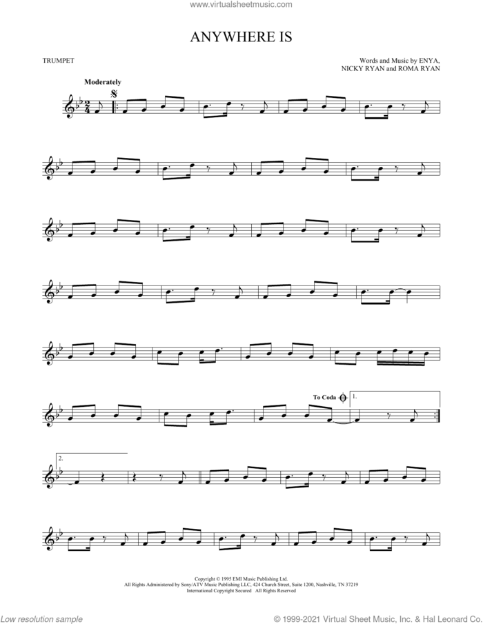Anywhere Is sheet music for trumpet solo by Enya, Nicky Ryan and Roma Ryan, intermediate skill level