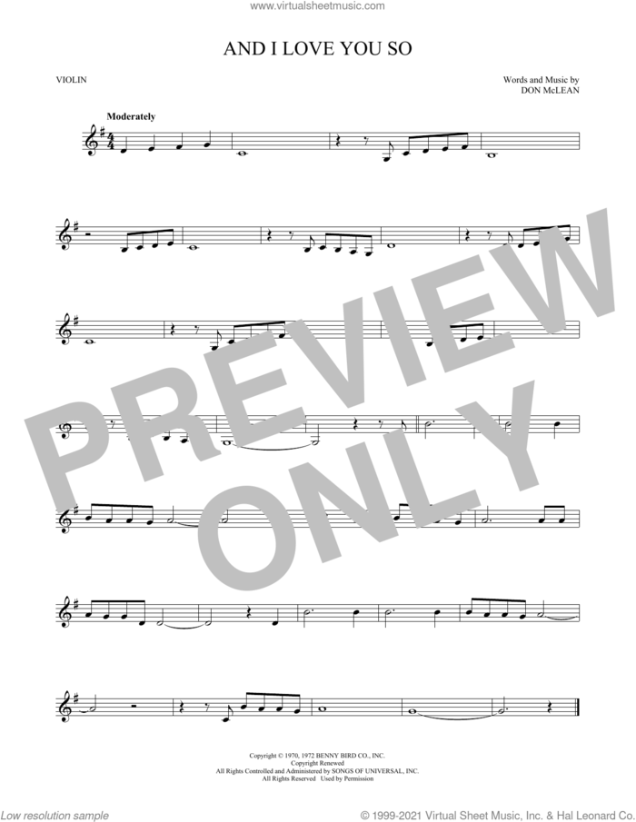 And I Love You So sheet music for violin solo by Don McLean, intermediate skill level