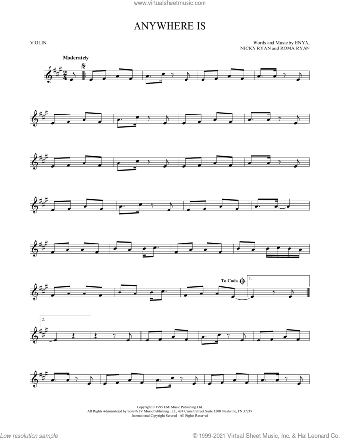 Anywhere Is sheet music for violin solo by Enya, Nicky Ryan and Roma Ryan, intermediate skill level