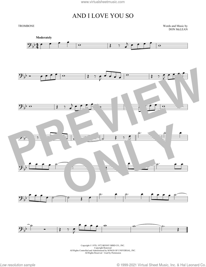 And I Love You So sheet music for trombone solo by Don McLean, intermediate skill level