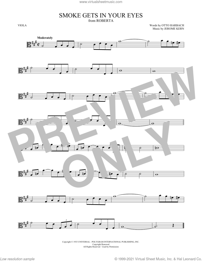 Smoke Gets In Your Eyes sheet music for viola solo by The Platters, Jerome Kern and Otto Harbach, intermediate skill level