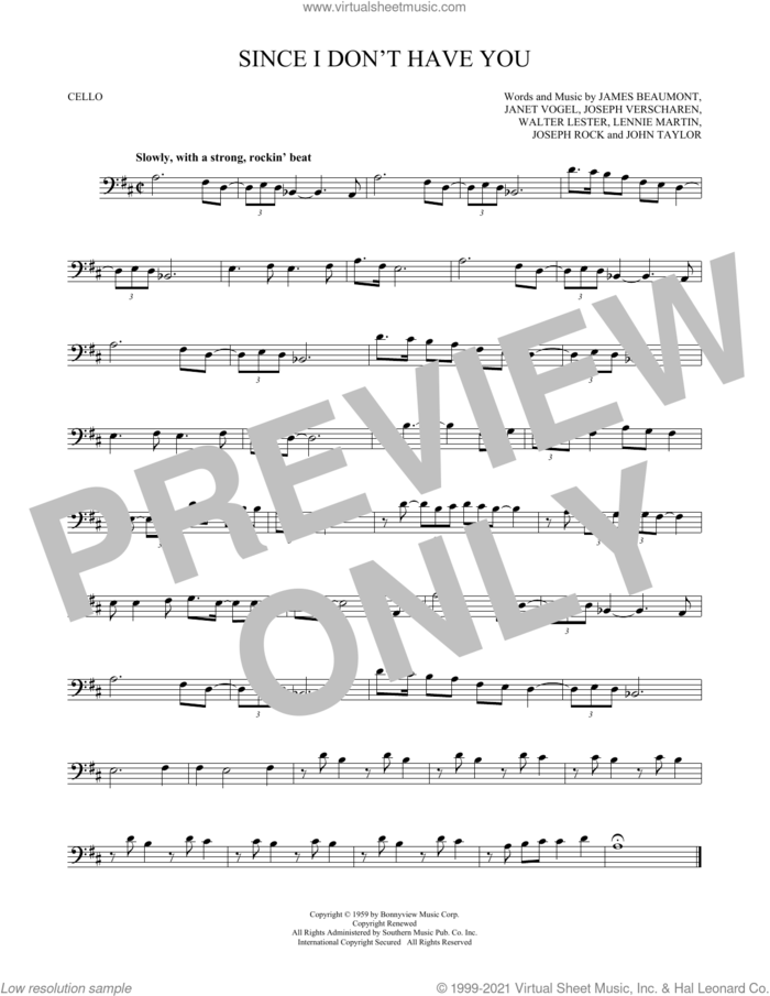 Since I Don't Have You sheet music for cello solo by The Skyliners, James Beaumont, Janet Vogel, John Taylor, Joseph Rock, Joseph Verscharen, Lennie Martin and Walter Lester, intermediate skill level
