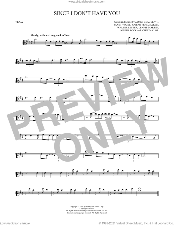 Since I Don't Have You sheet music for viola solo by The Skyliners, James Beaumont, Janet Vogel, John Taylor, Joseph Rock, Joseph Verscharen, Lennie Martin and Walter Lester, intermediate skill level