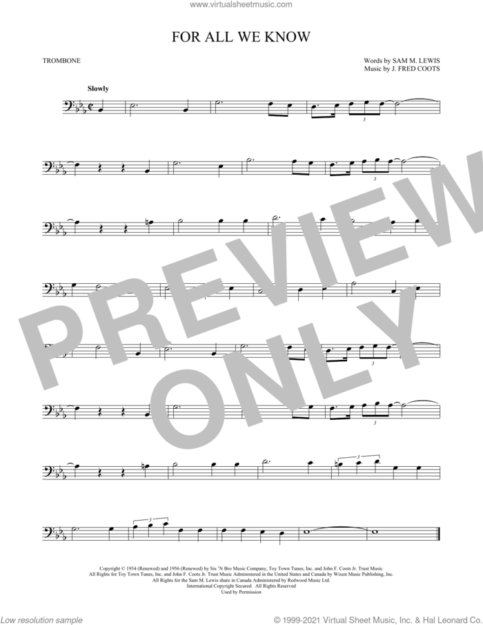 For All We Know sheet music for trombone solo by J. Fred Coots and Sam Lewis, intermediate skill level