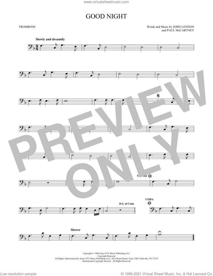 Good Night sheet music for trombone solo by The Beatles, John Lennon and Paul McCartney, intermediate skill level