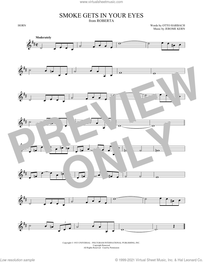 Smoke Gets In Your Eyes sheet music for horn solo by The Platters, Jerome Kern and Otto Harbach, intermediate skill level