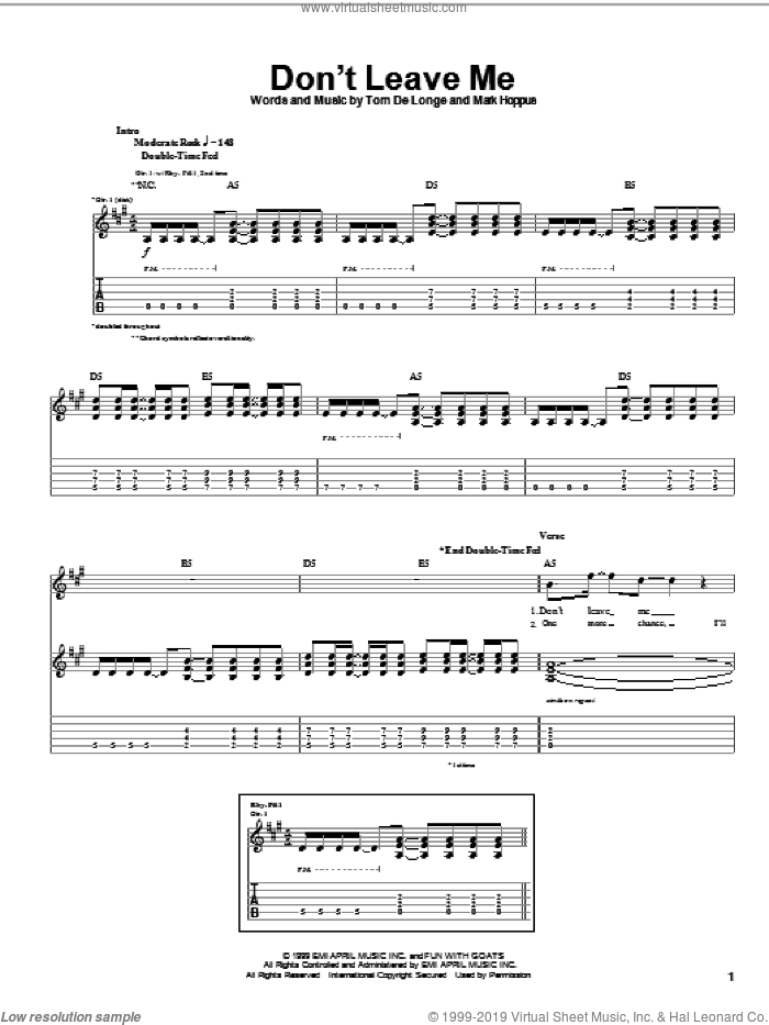 Don't Leave Me sheet music for guitar (tablature) by Blink-182, Mark Hoppus and Tom DeLonge, intermediate skill level