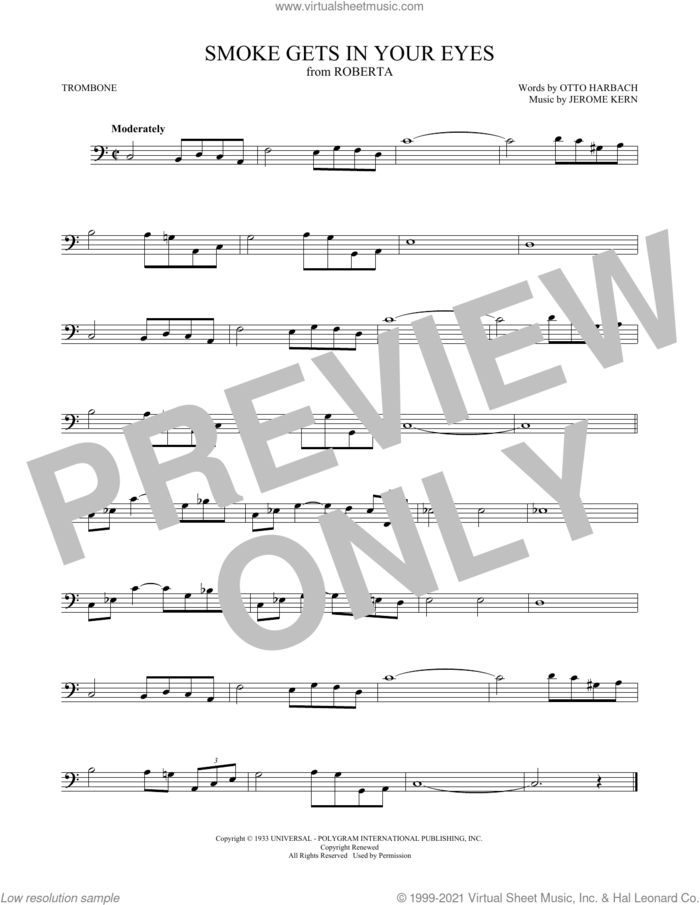 Smoke Gets In Your Eyes sheet music for trombone solo by The Platters, Jerome Kern and Otto Harbach, intermediate skill level