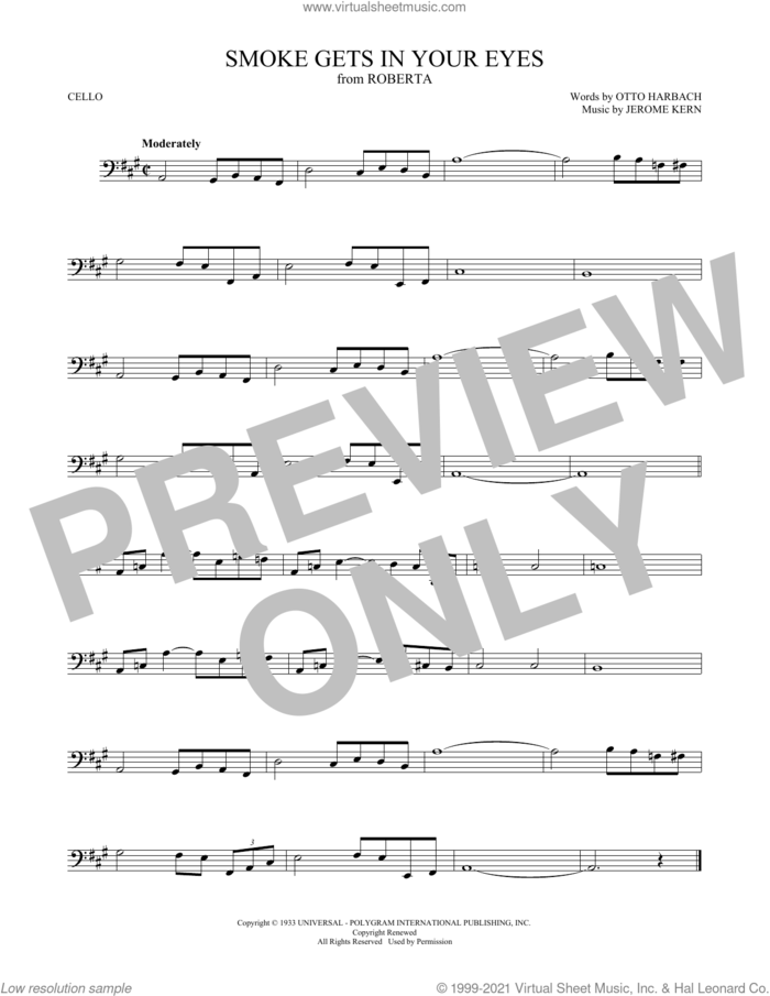 Smoke Gets In Your Eyes sheet music for cello solo by The Platters, Jerome Kern and Otto Harbach, intermediate skill level