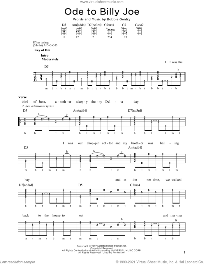 Ode To Billy Joe sheet music for banjo solo by Bobbie Gentry and Michael J. Miles, intermediate skill level