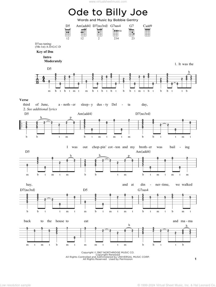 Ode To Billy Joe sheet music for banjo solo by Bobbie Gentry and Michael J. Miles, intermediate skill level