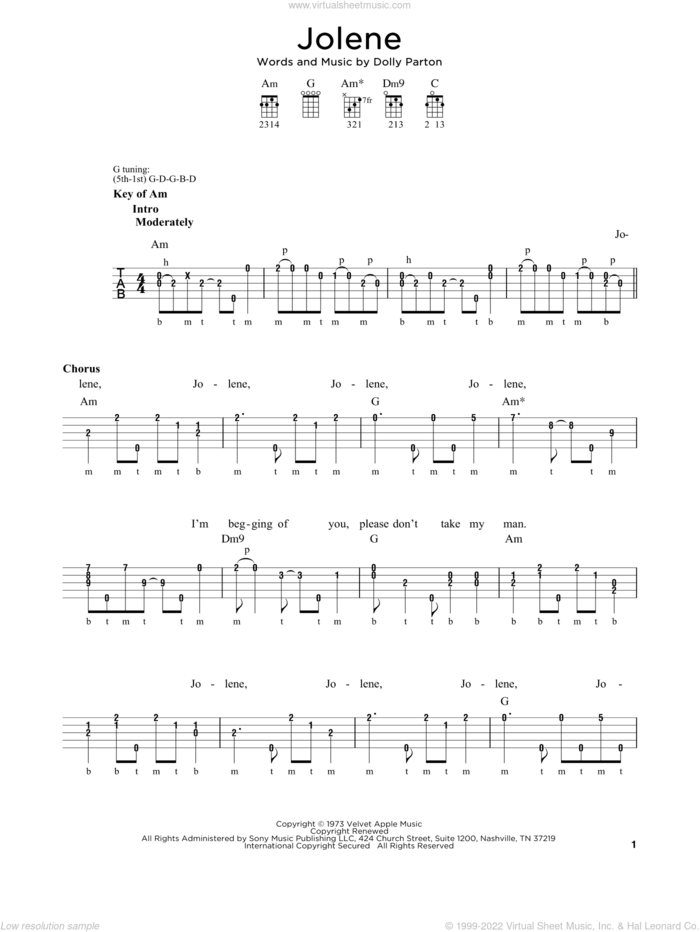 Jolene sheet music for banjo solo by Dolly Parton and Michael J. Miles, intermediate skill level