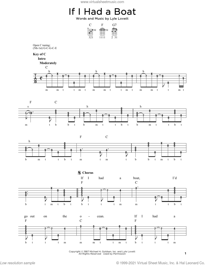 If I Had A Boat sheet music for banjo solo by Lyle Lovett and Michael J. Miles, intermediate skill level