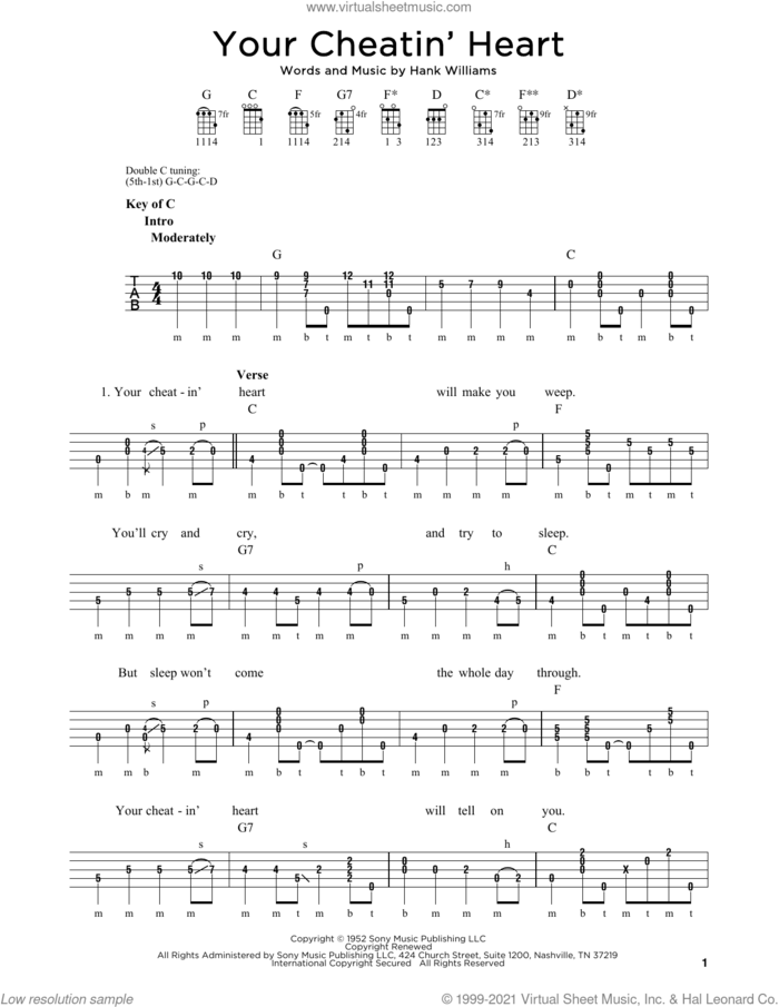 Your Cheatin' Heart sheet music for banjo solo by Hank Williams, Patsy Cline and Michael J. Miles, intermediate skill level