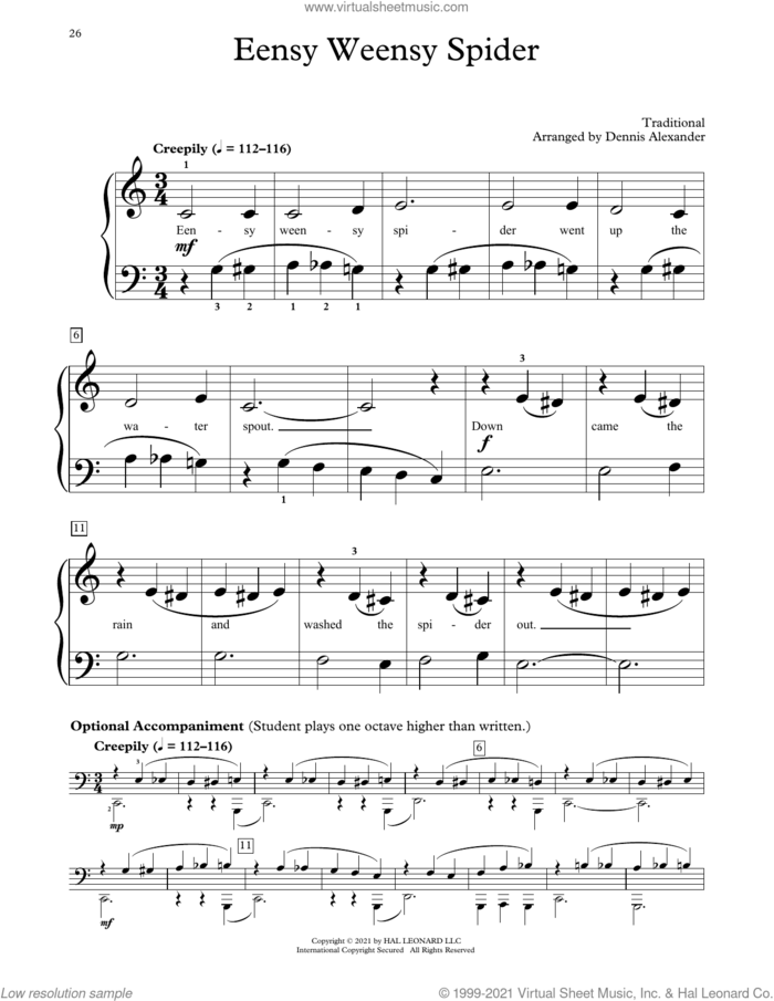Eensy Weensy Spider (arr. Dennis Alexander) sheet music for piano solo (elementary)  and Dennis Alexander, beginner piano (elementary)