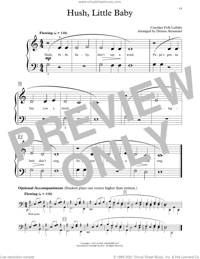 Hush, Little Baby (arr. Dennis Alexander) sheet music for piano solo (elementary) by Carolina Folk Lullaby and Dennis Alexander, beginner piano (elementary)