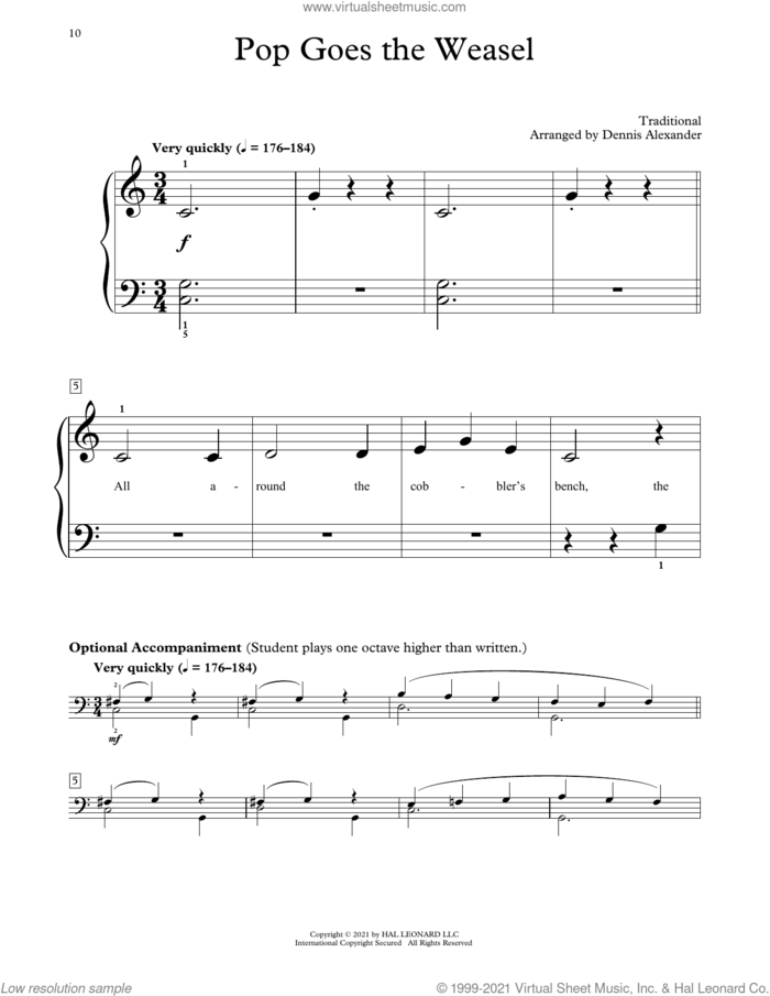Pop Goes The Weasel (arr. Dennis Alexander) sheet music for piano solo (elementary)  and Dennis Alexander, beginner piano (elementary)