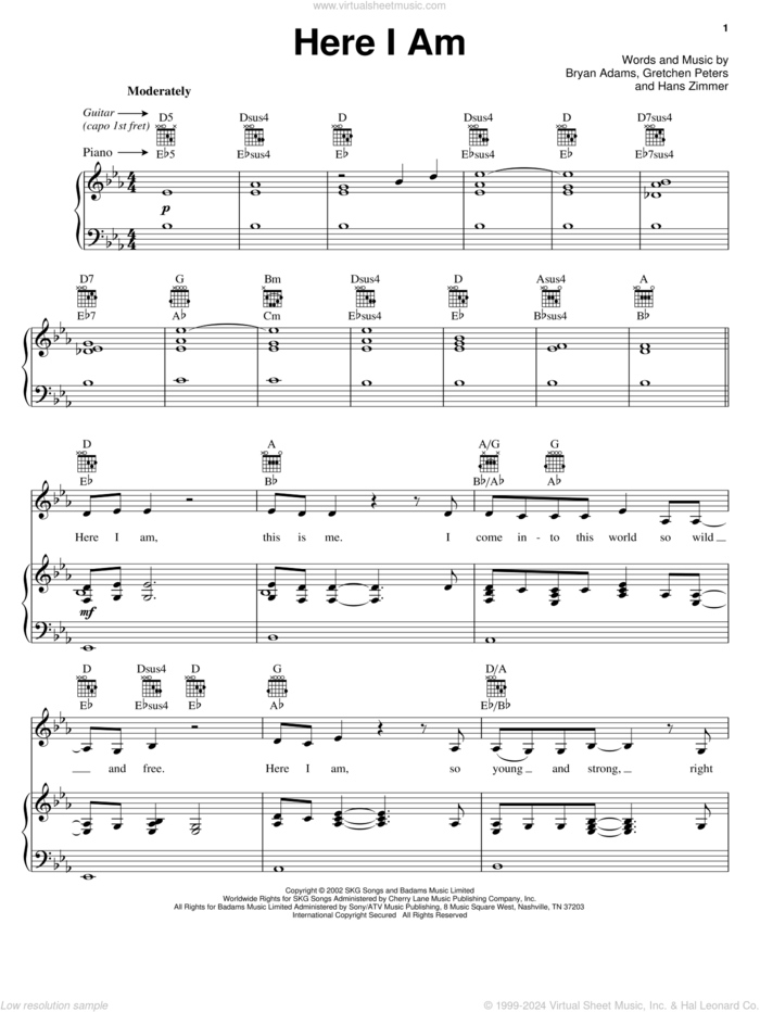 Here I Am sheet music for voice, piano or guitar by Bryan Adams, Spirit: Stallion Of The Cimarron (Movie), Gretchen Peters and Hans Zimmer, intermediate skill level