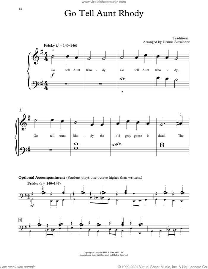 Go Tell Aunt Rhody (arr. Dennis Alexander) sheet music for piano solo (elementary)  and Dennis Alexander, beginner piano (elementary)