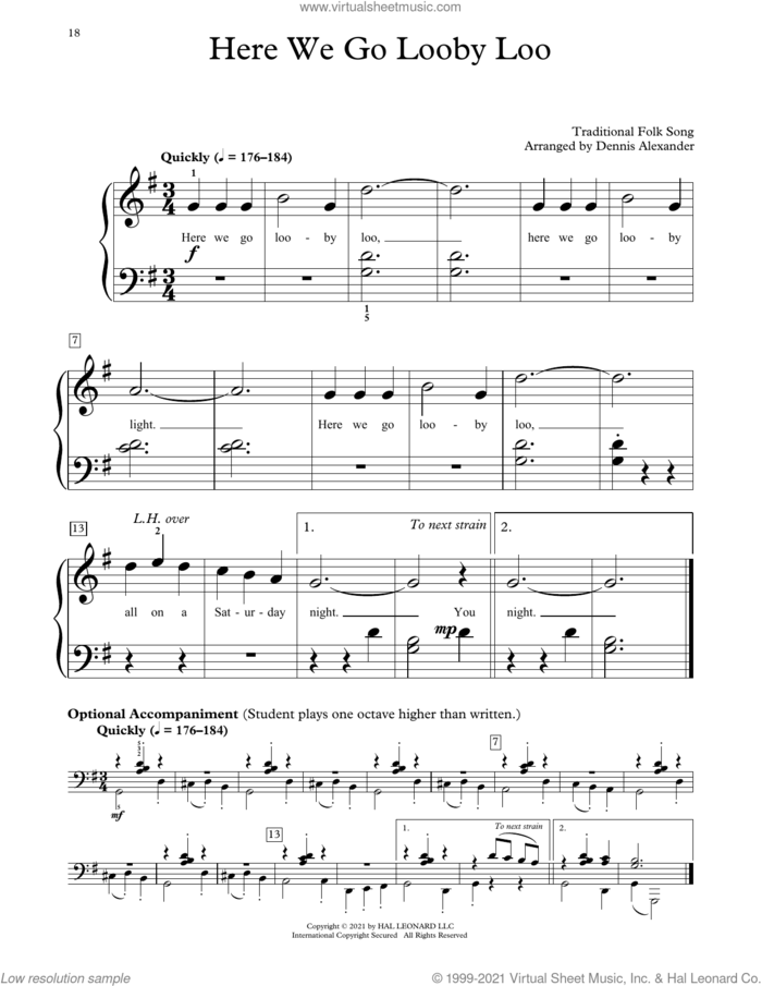 Here We Go Looby Loo (arr. Dennis Alexander) sheet music for piano solo (elementary) by Traditional Folk Song and Dennis Alexander, beginner piano (elementary)