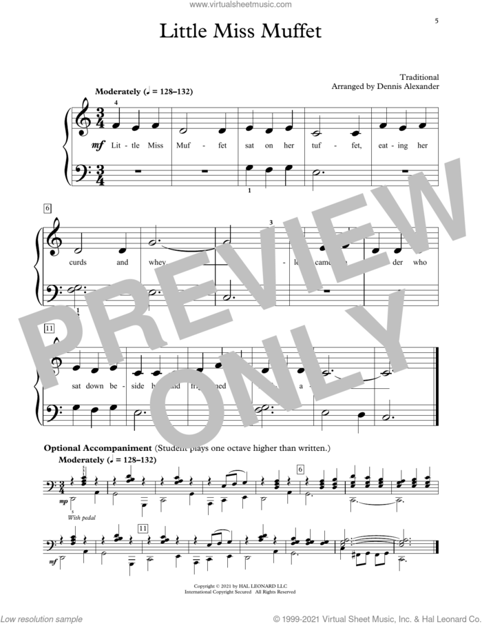 Little Miss Muffet (arr. Dennis Alexander) sheet music for piano solo (elementary)  and Dennis Alexander, beginner piano (elementary)
