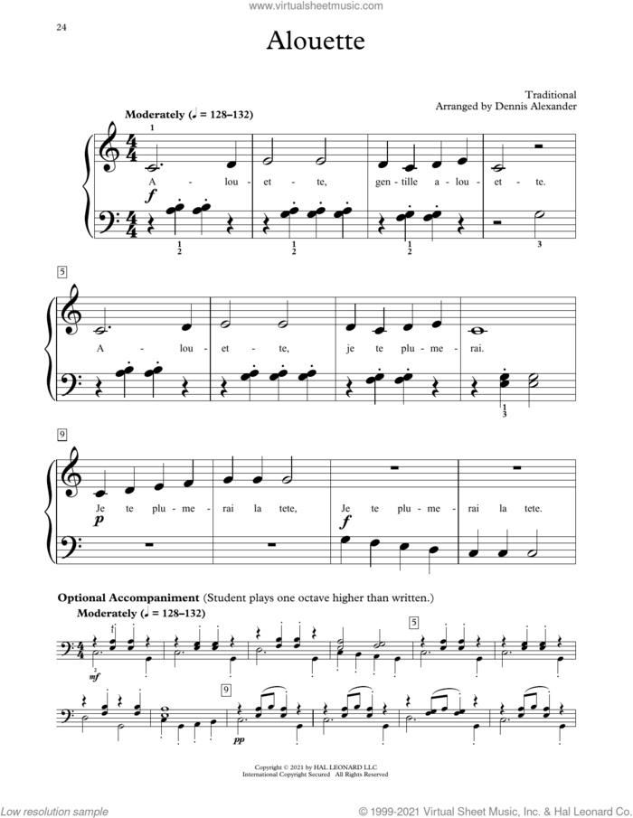 Alouette (arr. Dennis Alexander) sheet music for piano solo (elementary)  and Dennis Alexander, beginner piano (elementary)