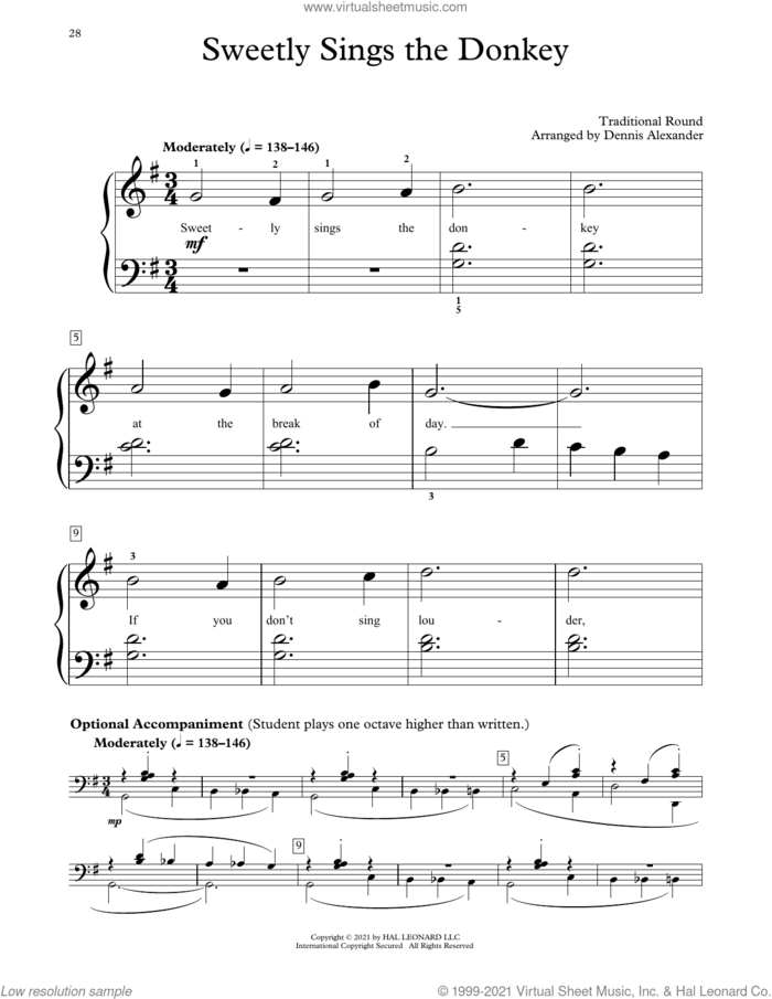 Sweetly Sings The Donkey (arr. Dennis Alexander) sheet music for piano solo (elementary) by Traditional Round and Dennis Alexander, beginner piano (elementary)