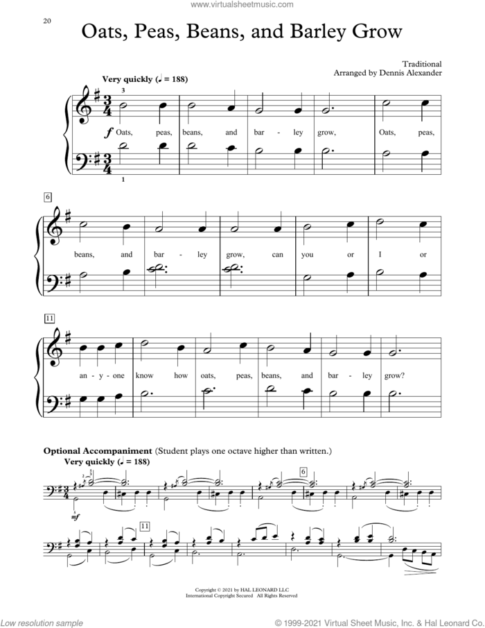 Oats, Peas, Beans And Barley Grow (arr. Dennis Alexander) sheet music for piano solo (elementary)  and Dennis Alexander, beginner piano (elementary)