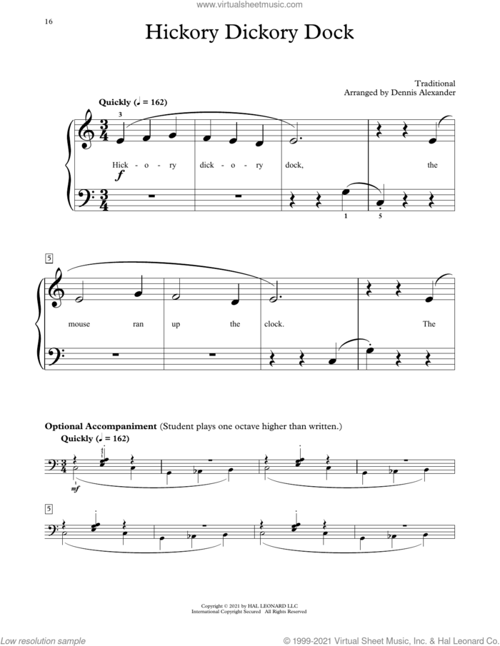 Hickory Dickory Dock (arr. Dennis Alexander) sheet music for piano solo (elementary)  and Dennis Alexander, beginner piano (elementary)