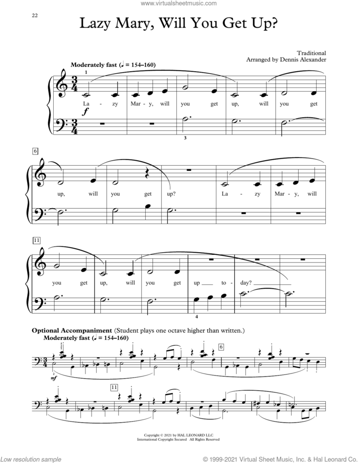 Lazy Mary, Will You Get Up? (arr. Dennis Alexander) sheet music for piano solo (elementary)  and Dennis Alexander, beginner piano (elementary)