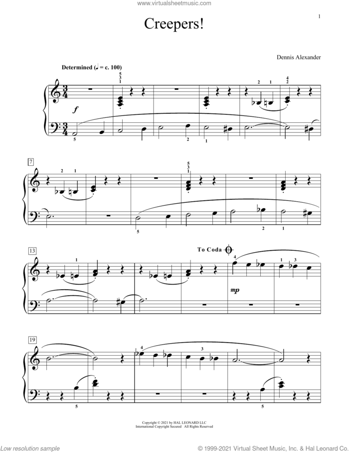 Creepers sheet music for piano solo (elementary) by Dennis Alexander, beginner piano (elementary)