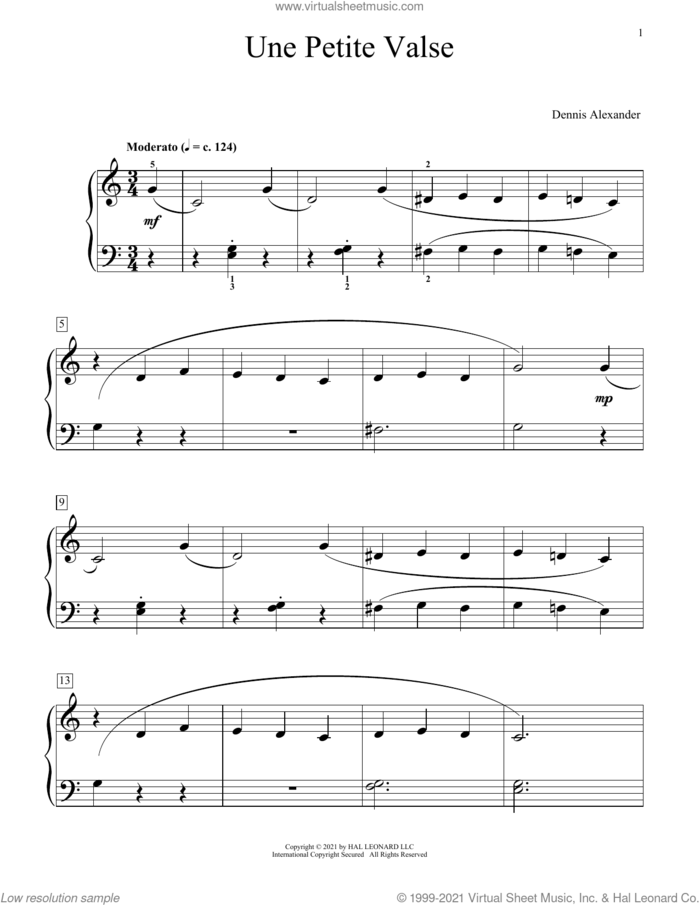 Une Petite Valse sheet music for piano solo (elementary) by Dennis Alexander, beginner piano (elementary)