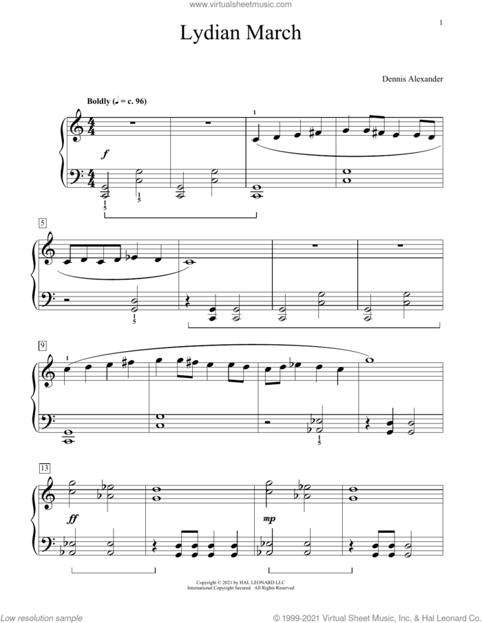 Lydian March sheet music for piano solo (elementary) by Dennis Alexander, beginner piano (elementary)