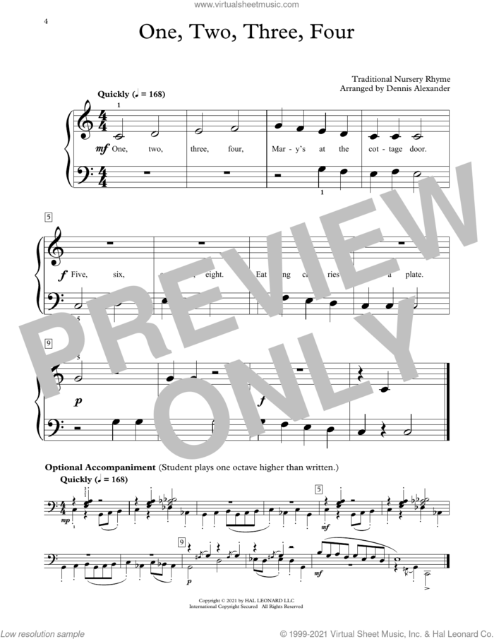 One, Two, Three, Four sheet music for piano solo (elementary) by Traditional Nursery Rhyme and Dennis Alexander, beginner piano (elementary)